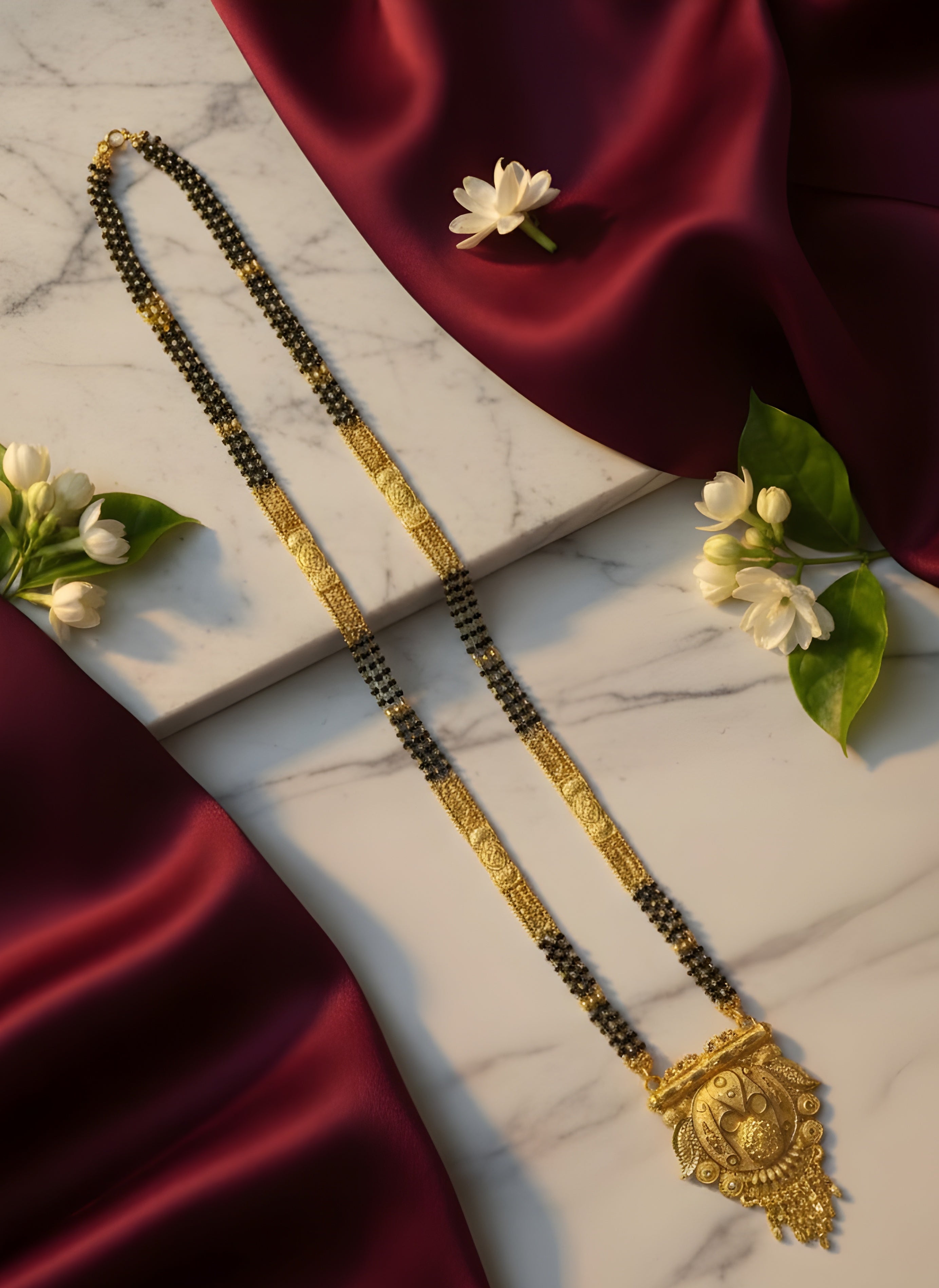 Gold necklace with black beads on a marble surface with red fabric and white flowers.