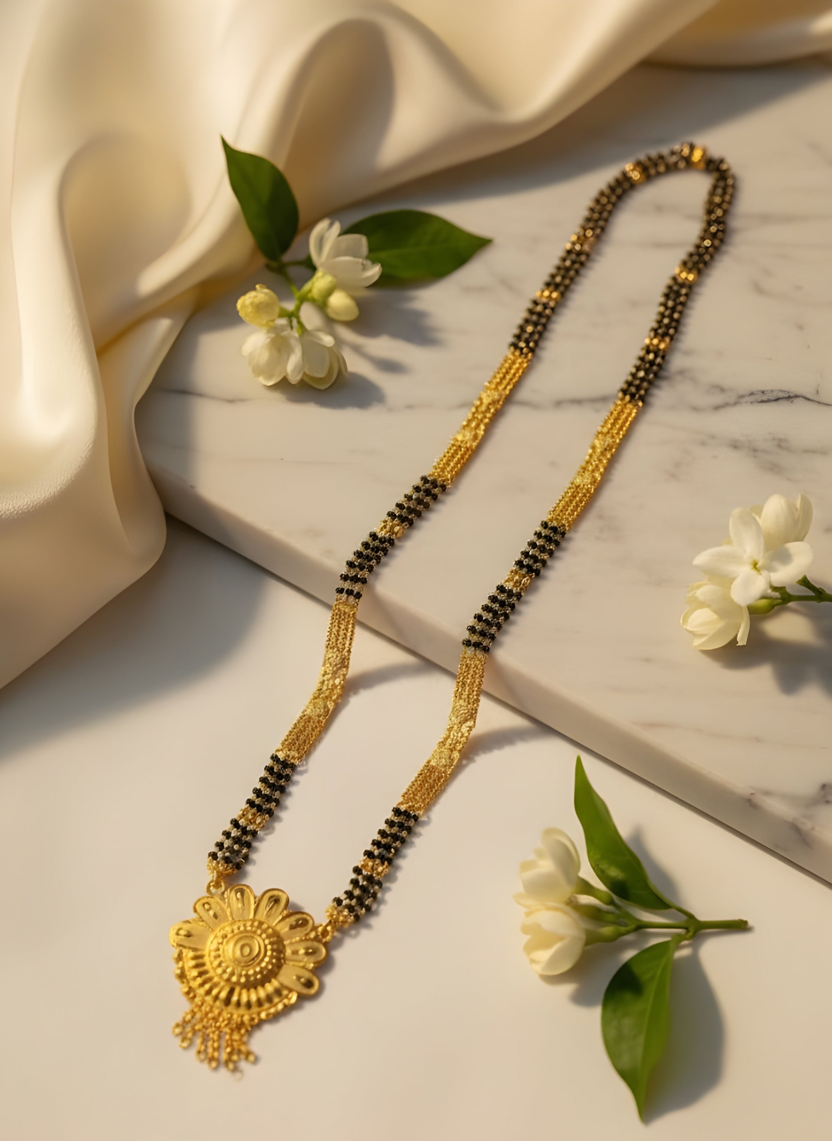 Gold necklace with black beads on a marble surface with white flowers and green leaves.