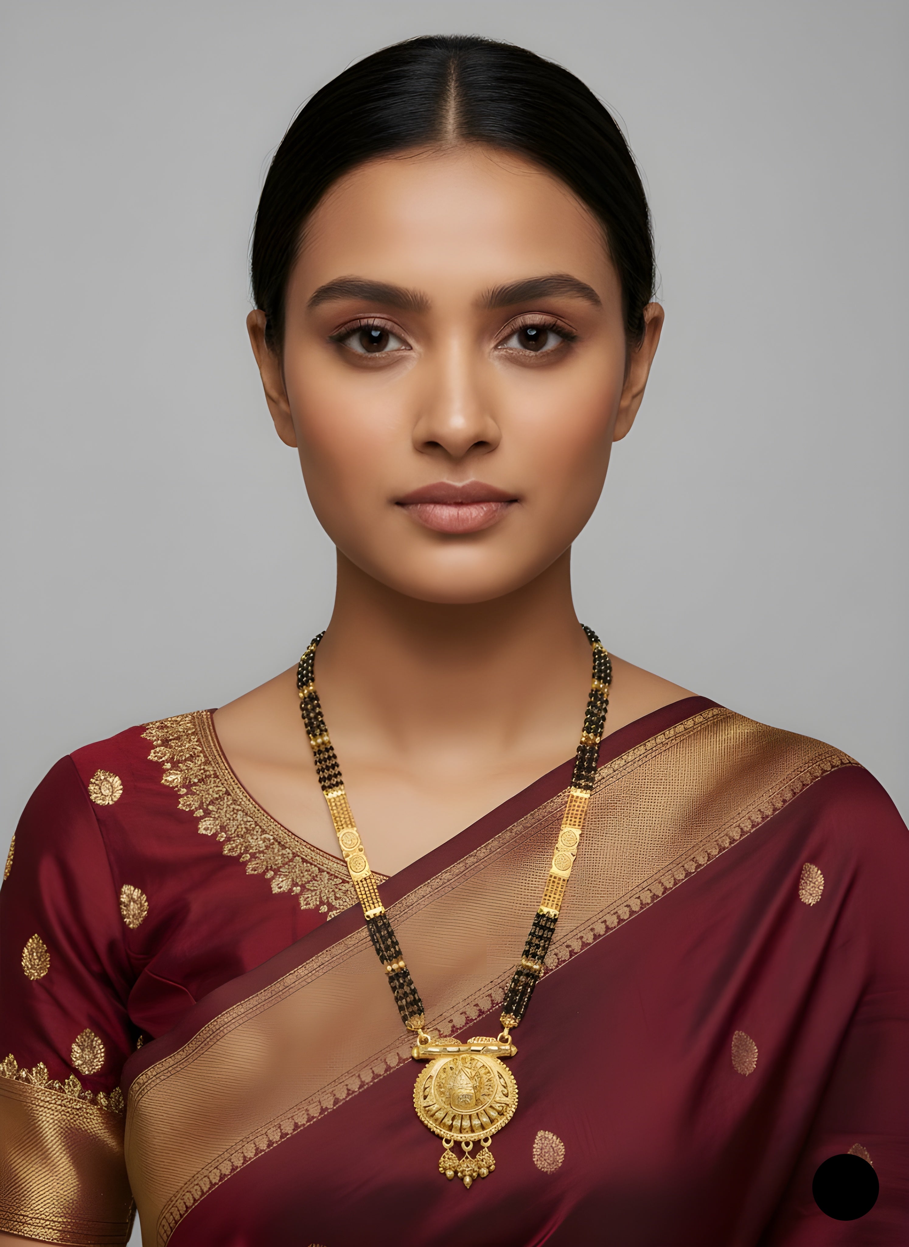 Woman wearing a traditional maroon saree with gold jewelry on a gray background