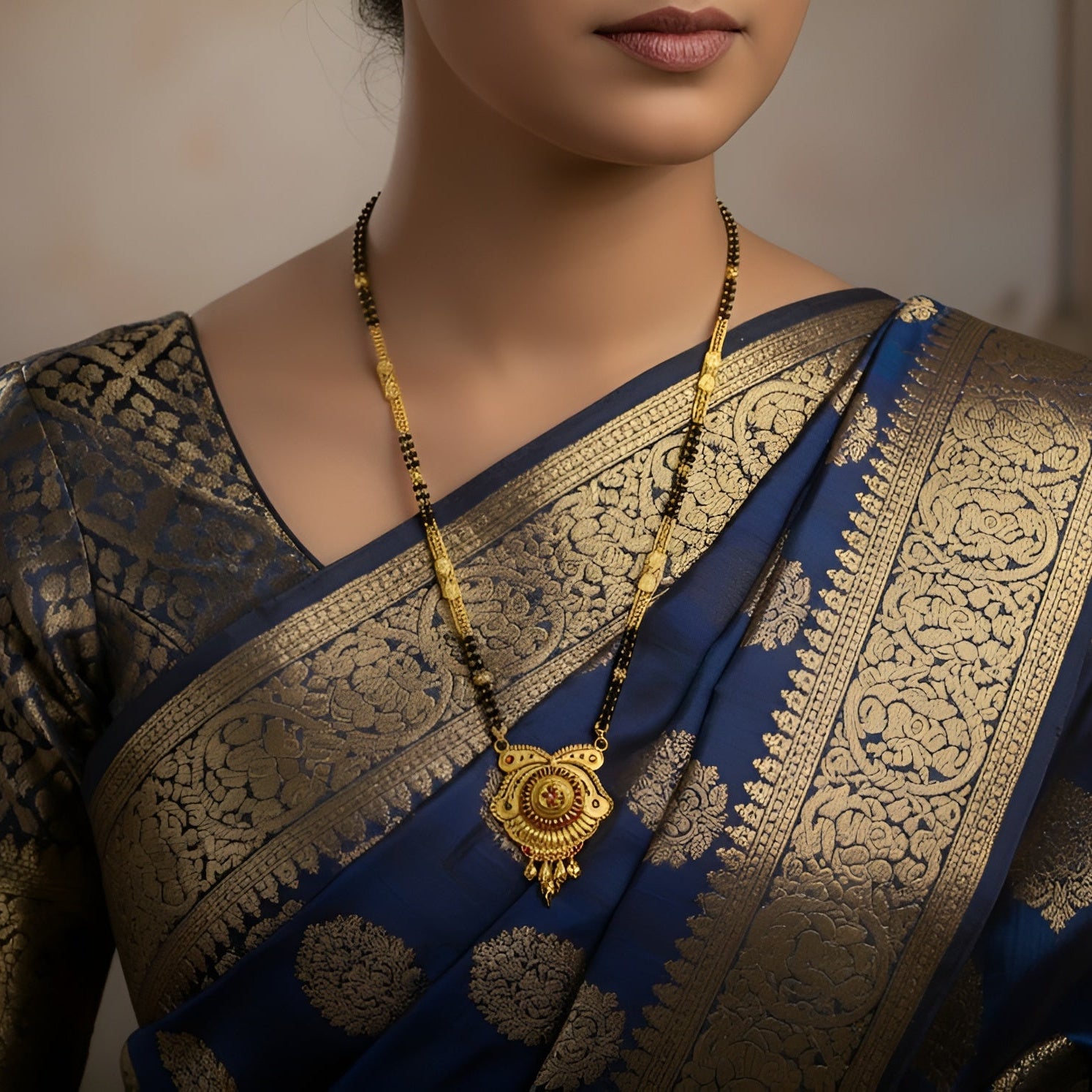 Woman wearing a blue saree with gold patterns and a matching necklace.