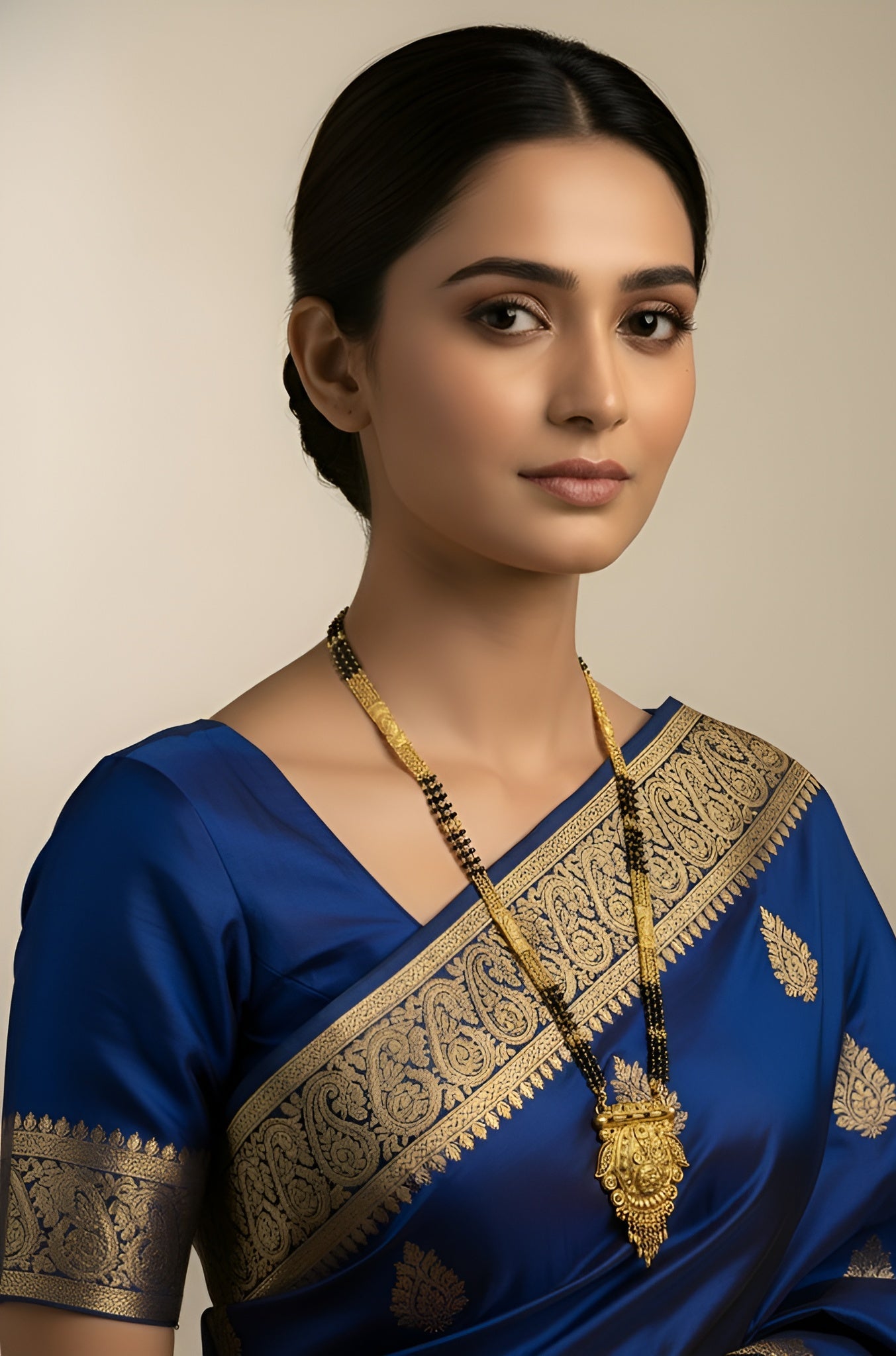 Woman wearing a blue saree with gold patterns and a necklace against a beige background