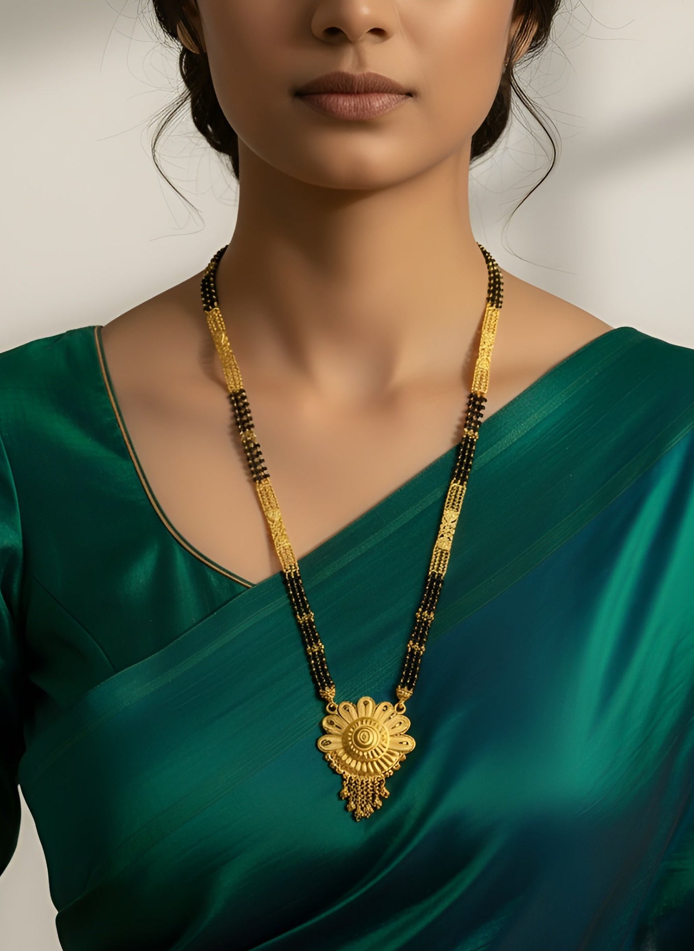 Woman wearing a green saree with a gold and black beaded necklace against a neutral background
