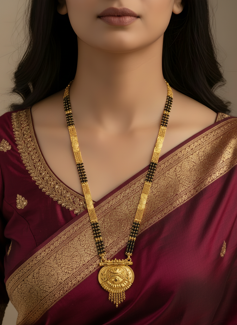 Woman wearing a maroon saree with gold border and a gold necklace with a large pendant.