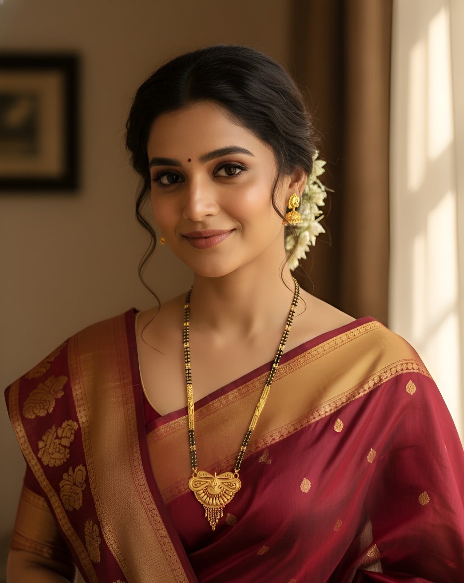 Woman wearing a traditional maroon saree with gold border indoors.