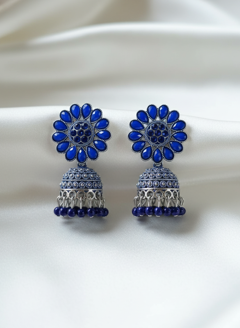 Neelima Blue Oxidised Silver Jhumkha Earrings