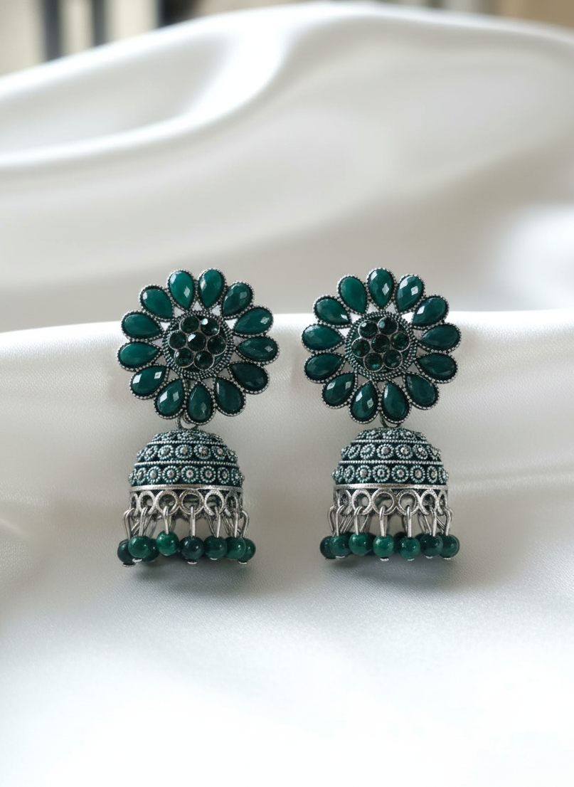 Harita Green Oxidised Silver Jhumkha Earrings