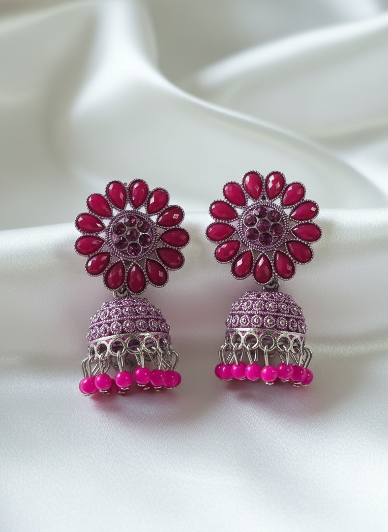 Roshni Pink Oxidised Silver Jhumkha Earrings