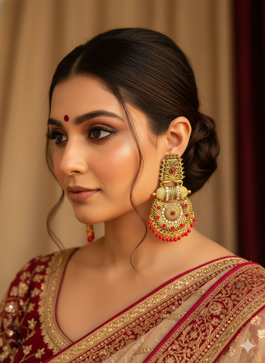 Lalitha Red Antique Chandbali Earrings