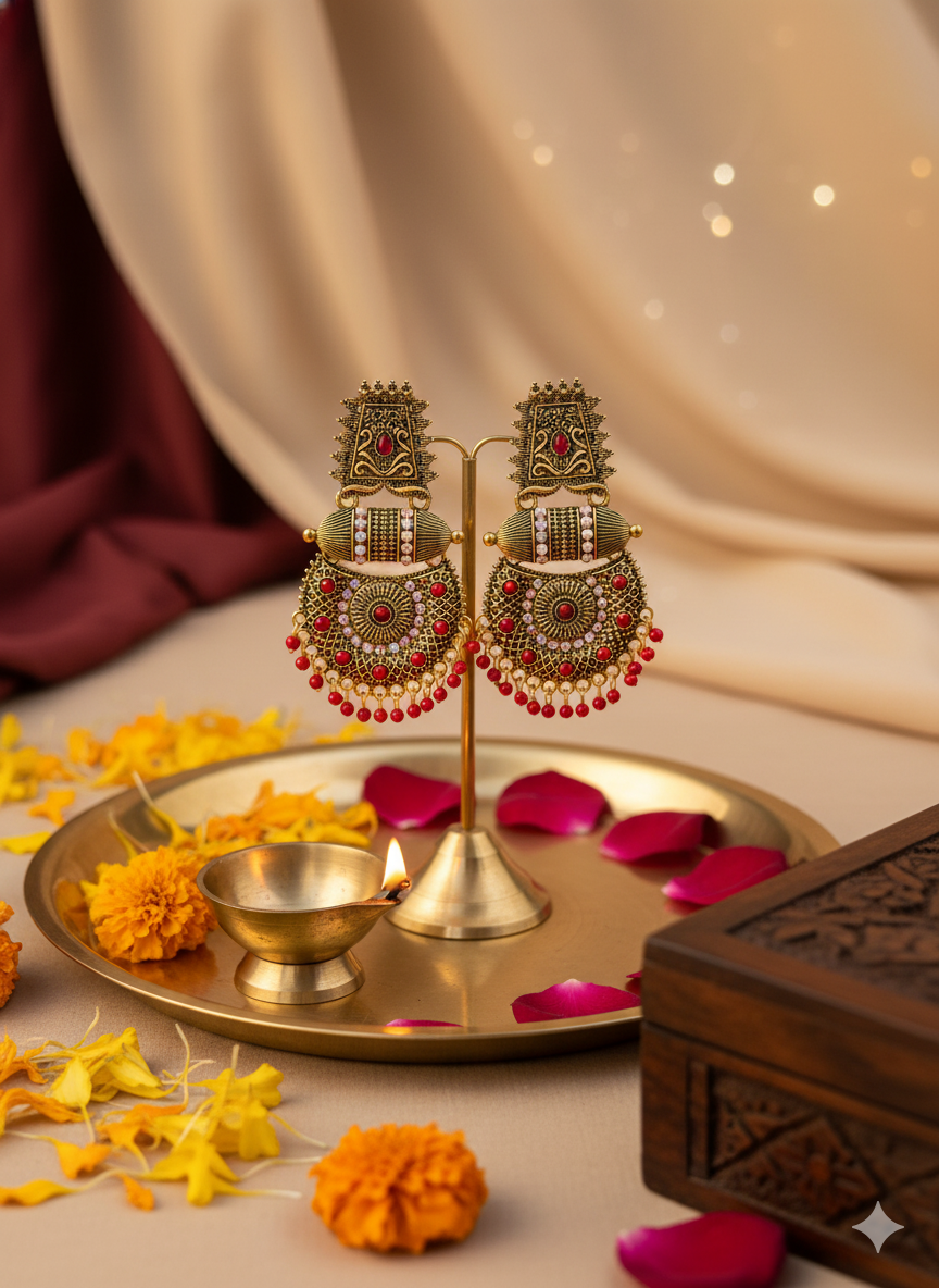 Lalitha Red Antique Chandbali Earrings