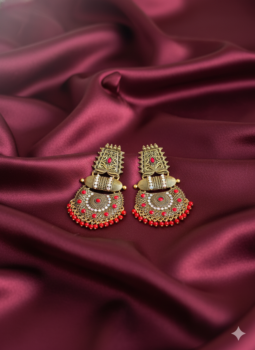 Lalitha Red Antique Chandbali Earrings