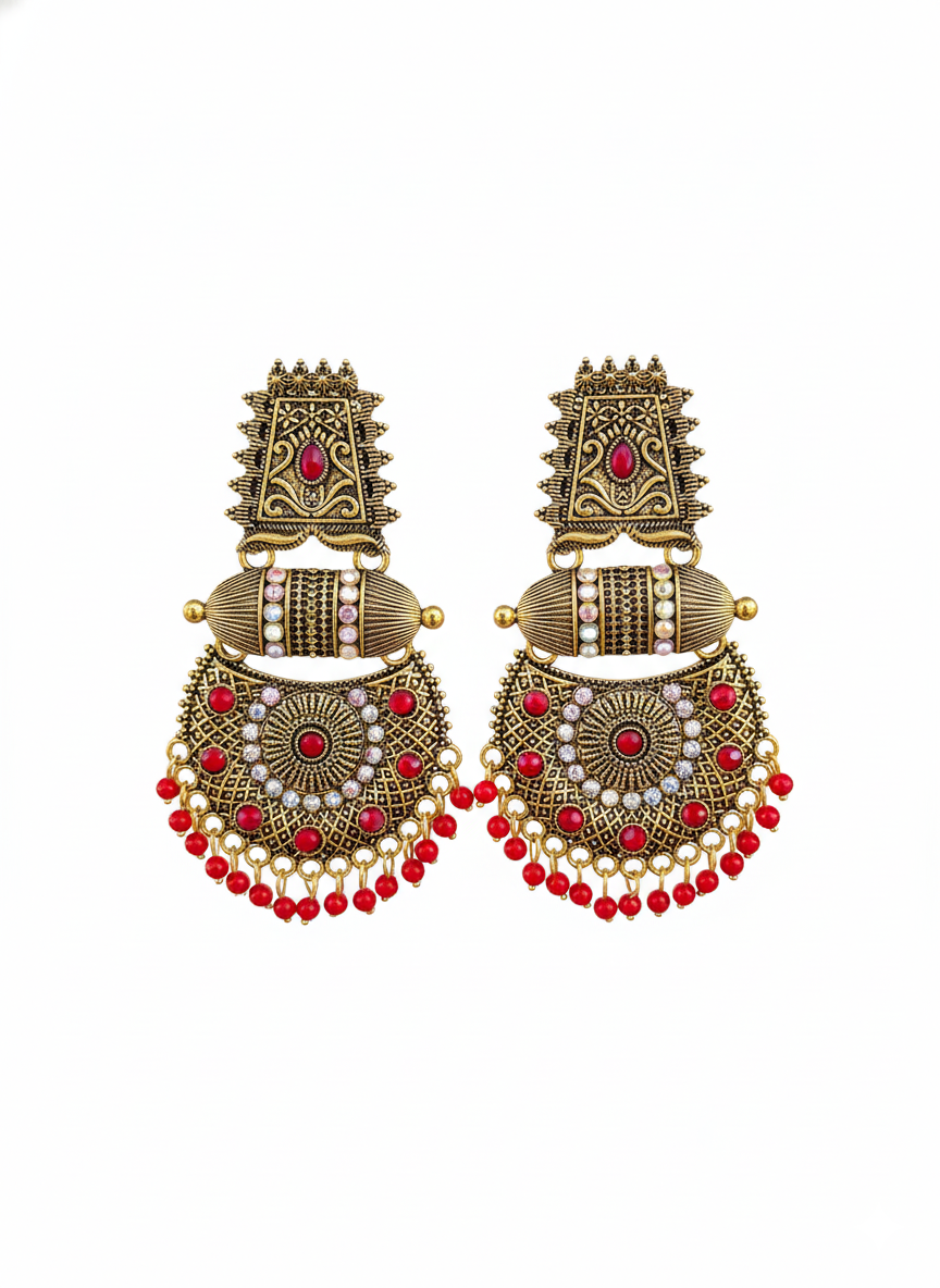 Lalitha Red Antique Chandbali Earrings