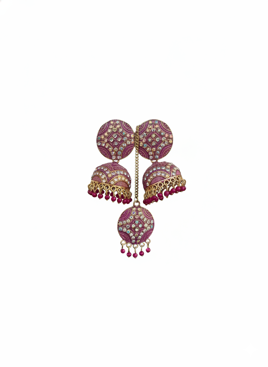 Antique Pink Jhumkha Earrings With Mang Tikka