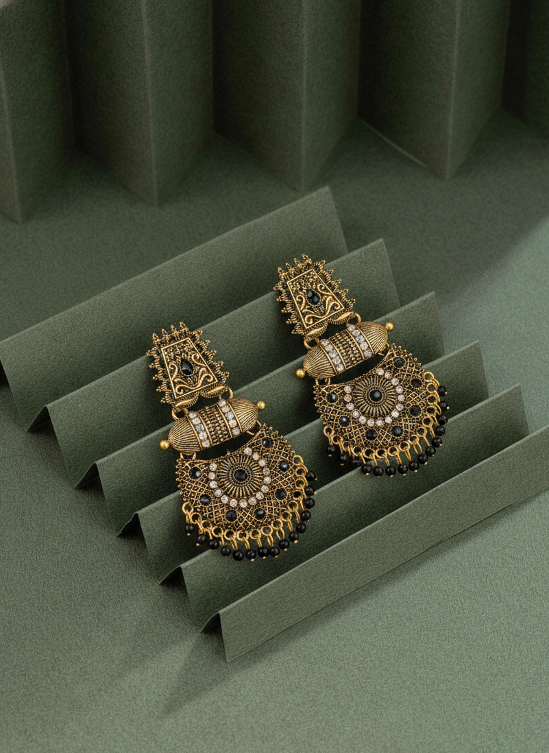 Padmavati Antique Gold Black Bead Chandbali Earrings