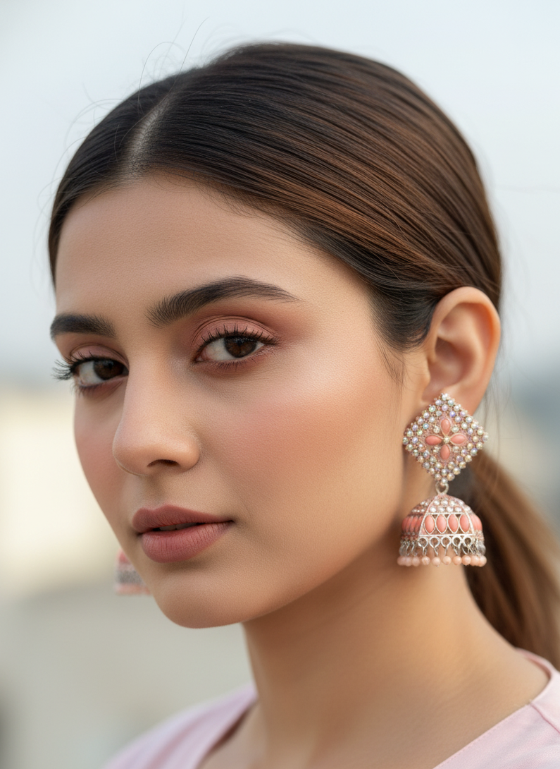 Close-up of a woman wearing pink earrings with a blurred background