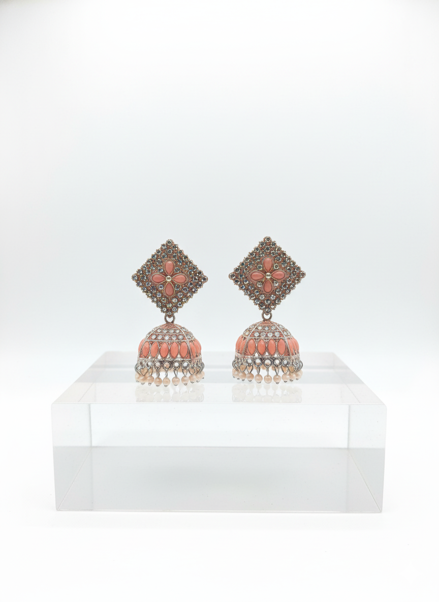 Anaya Peach Stone Antique Silver Jhumka Earrings