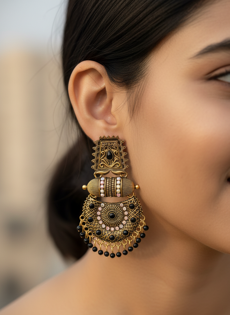 Padmavati Antique Gold Black Bead Chandbali Earrings