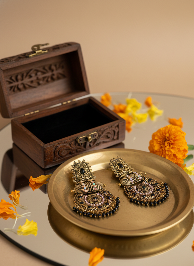 Padmavati Antique Gold Black Bead Chandbali Earrings