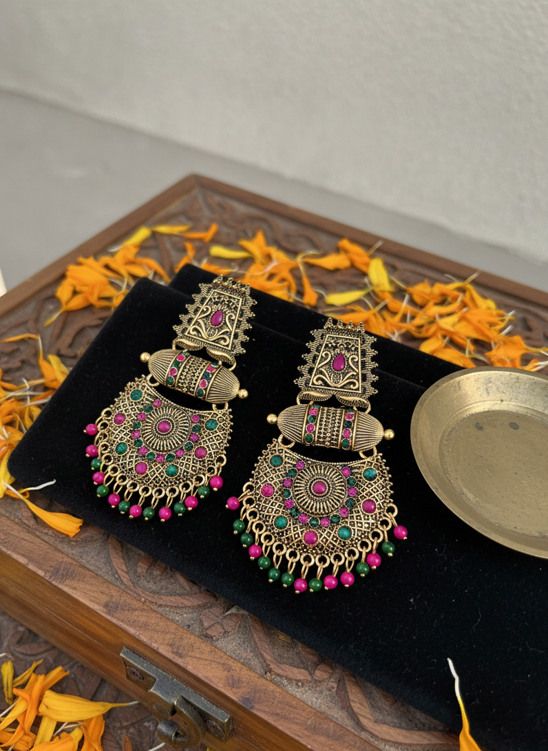 Devika Red Green Antique Gold Chandbali Earrings