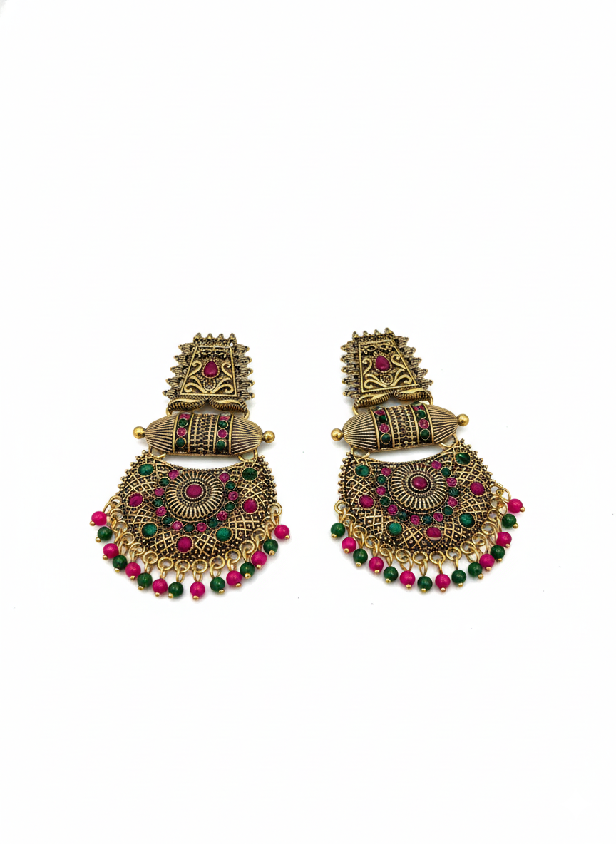 Devika Red Green Antique Gold Chandbali Earrings