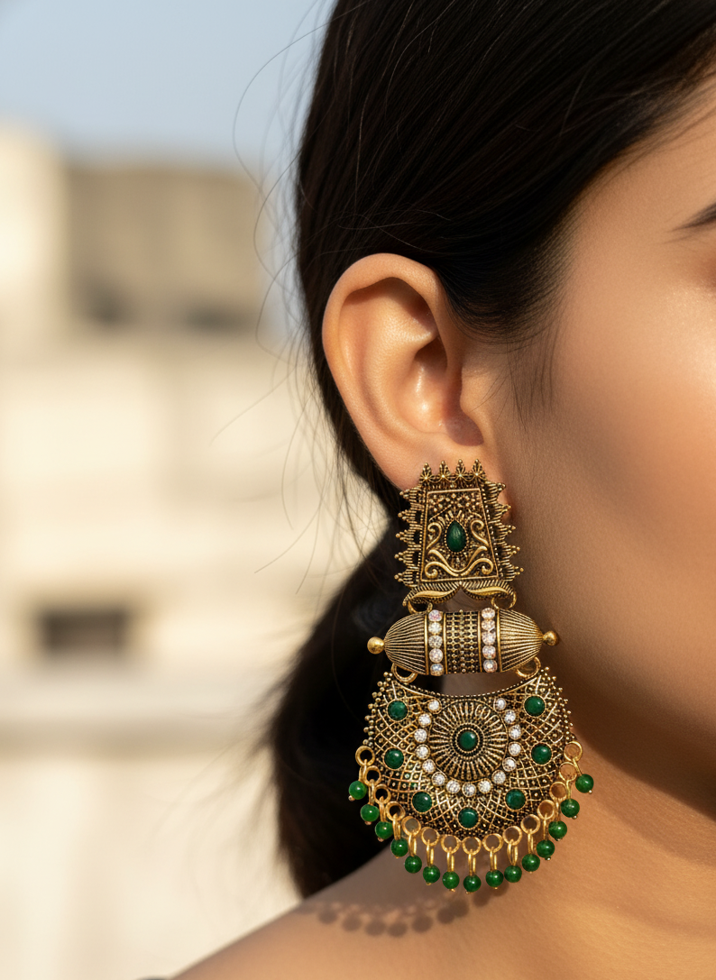 Meenakshi Green Antique Chandbali Earrings