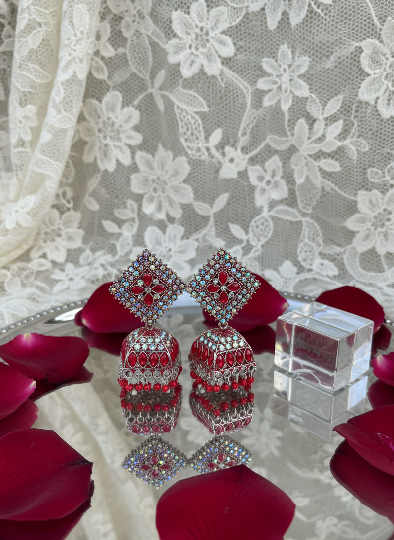 Gulnaar Ruby Red Stone Antique Siliver Jhumka Earrings