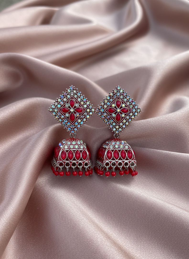 Gulnaar Ruby Red Stone Antique Siliver Jhumka Earrings