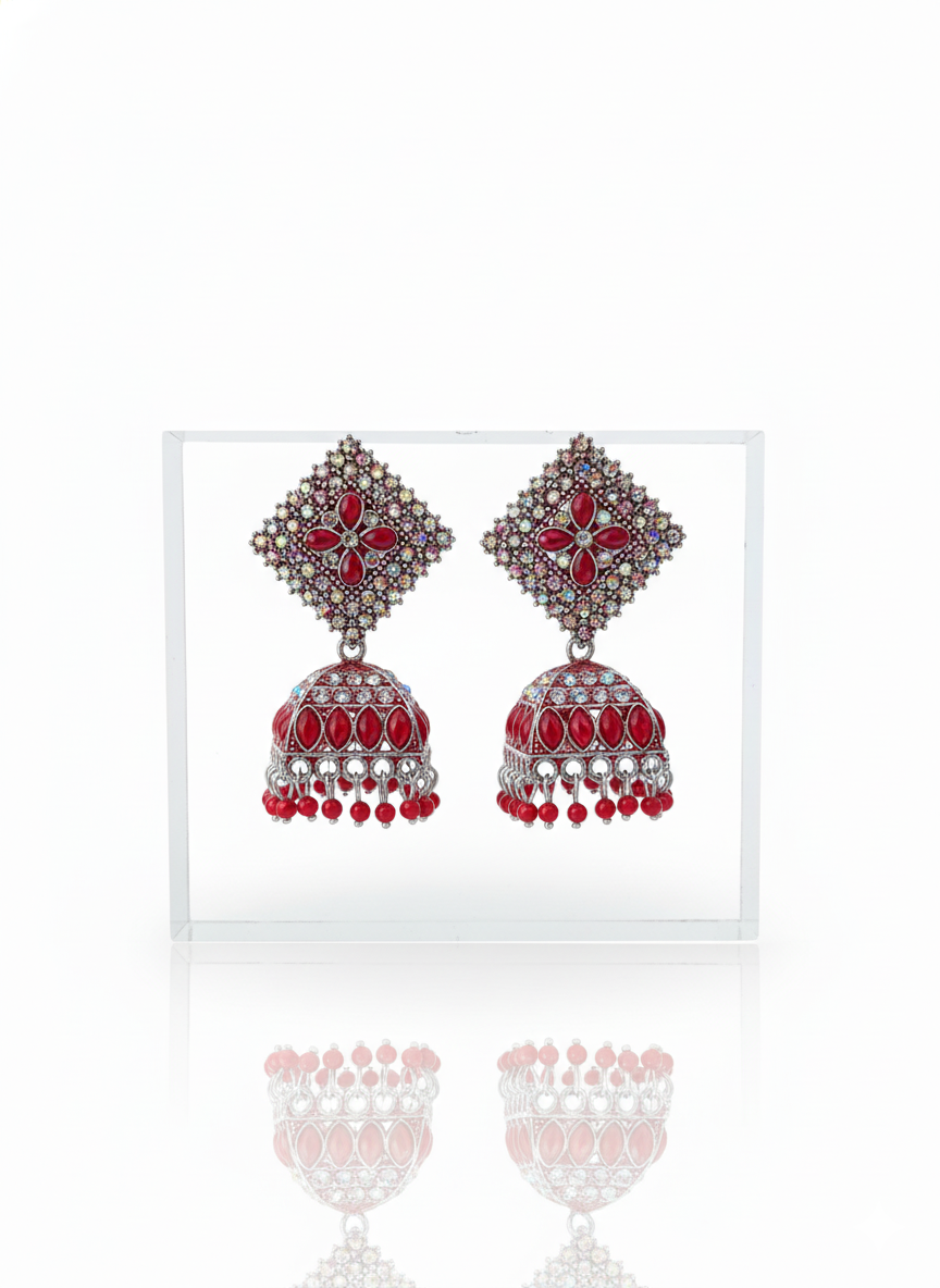 Gulnaar Ruby Red Stone Antique Siliver Jhumka Earrings