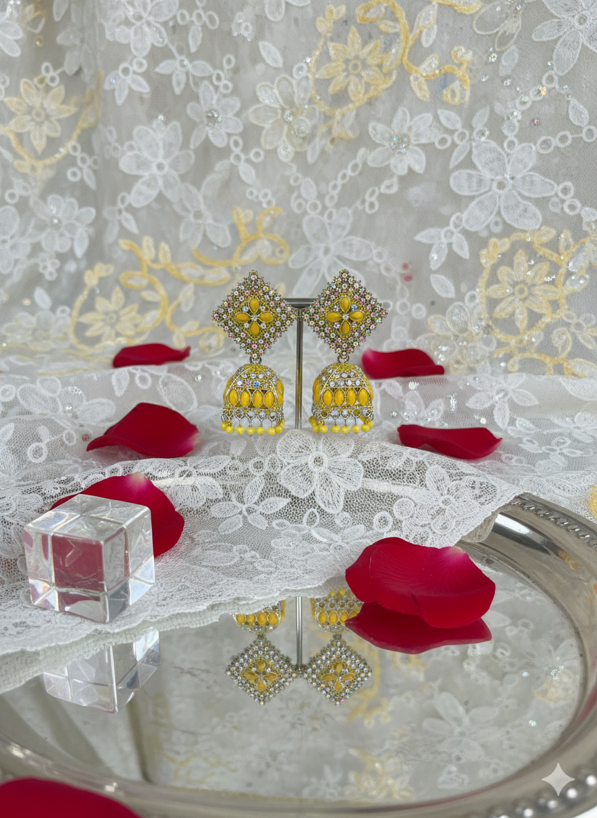 Peetika Mustard Yellow Stone Antique Siliver Jhumka Earrings