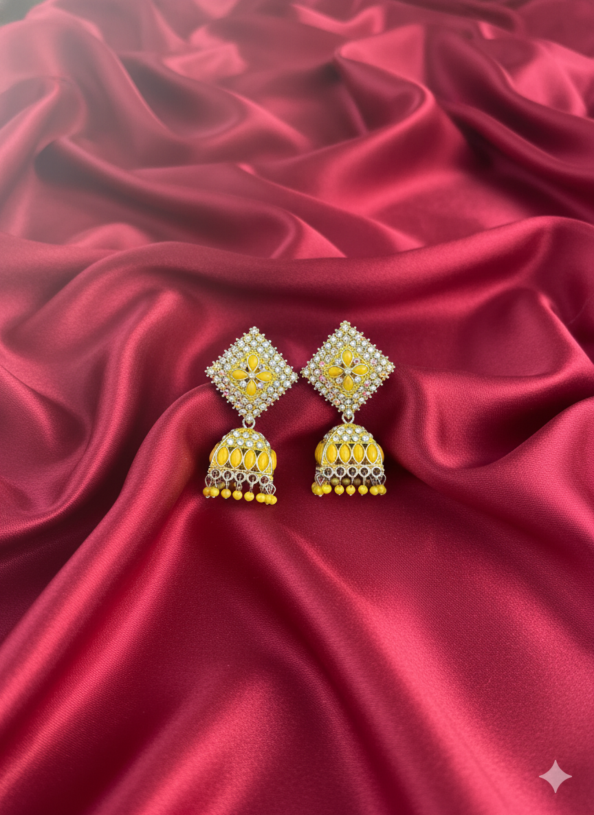 Peetika Mustard Yellow Stone Antique Siliver Jhumka Earrings