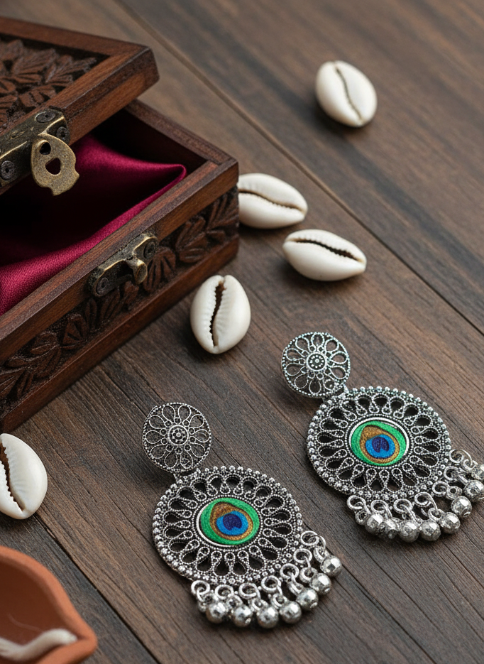 Ornate silver earrings on a wooden surface with a small wooden box and cowrie shells.