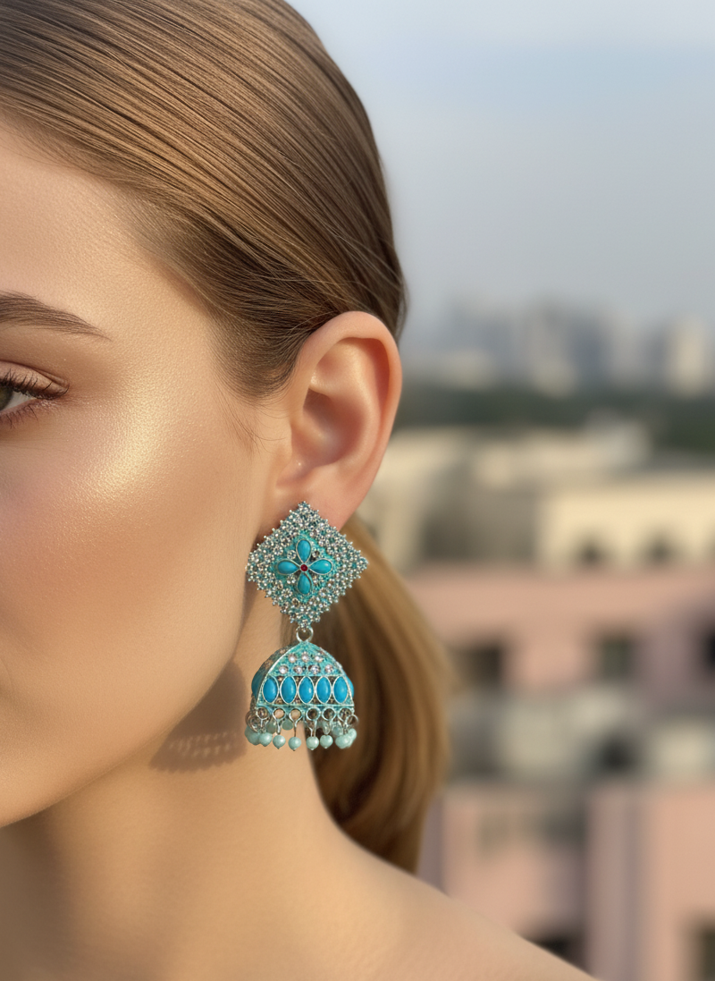 Mayura Turquoise Blue Stone Antique Siliver Jhumka Earrings