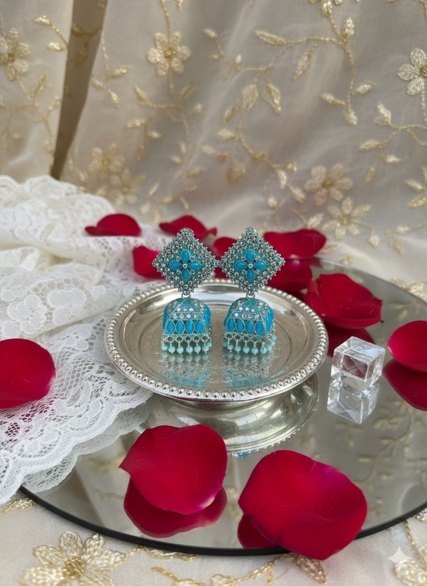 Mayura Turquoise Blue Stone Antique Siliver Jhumka Earrings