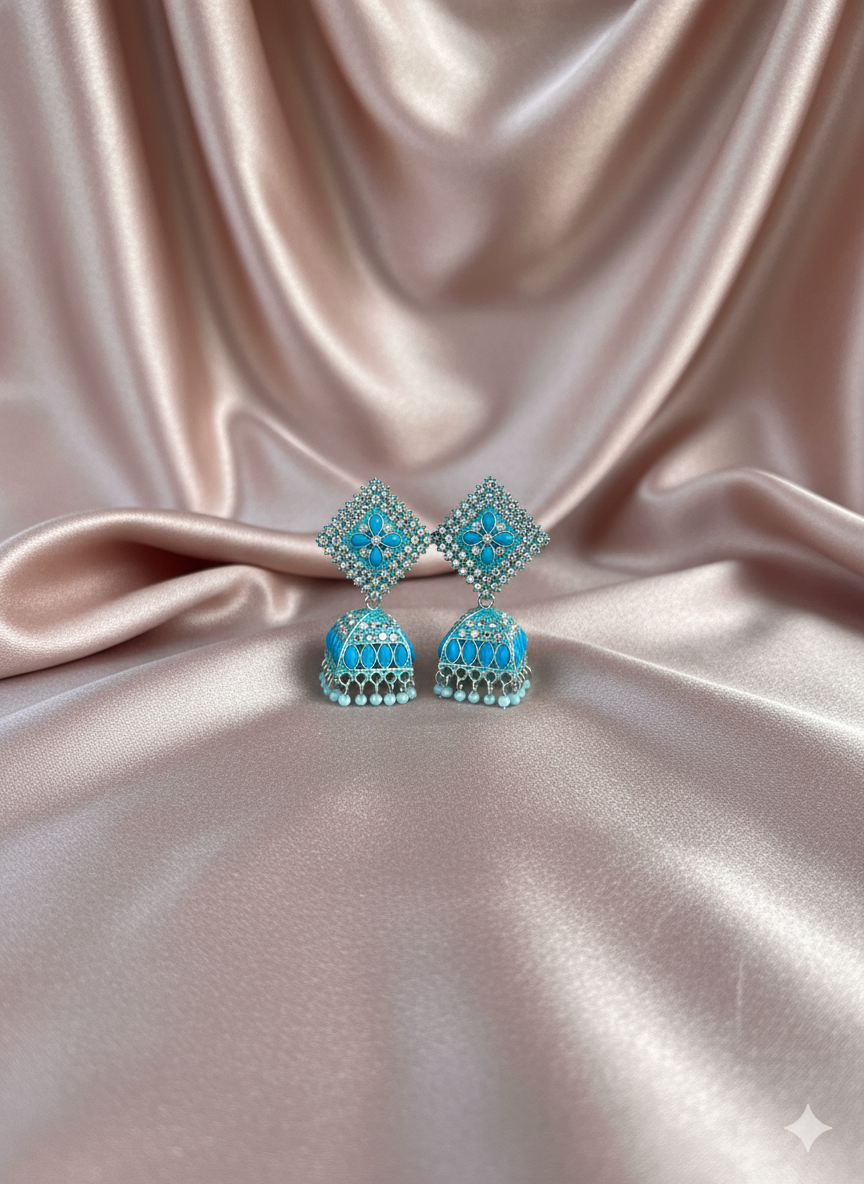 Mayura Turquoise Blue Stone Antique Siliver Jhumka Earrings