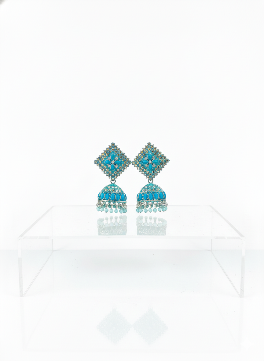 Mayura Turquoise Blue Stone Antique Siliver Jhumka Earrings