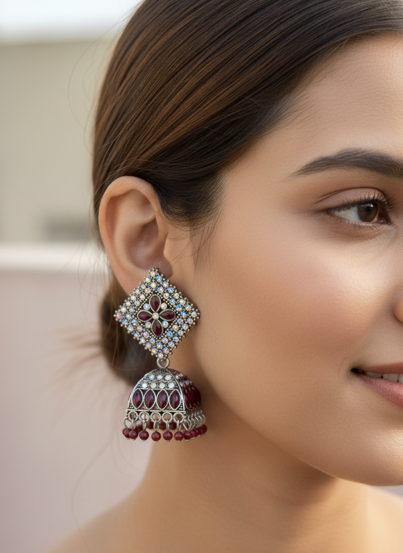 Sindoori Red Stone Antique Siliver Jhumka Earrings