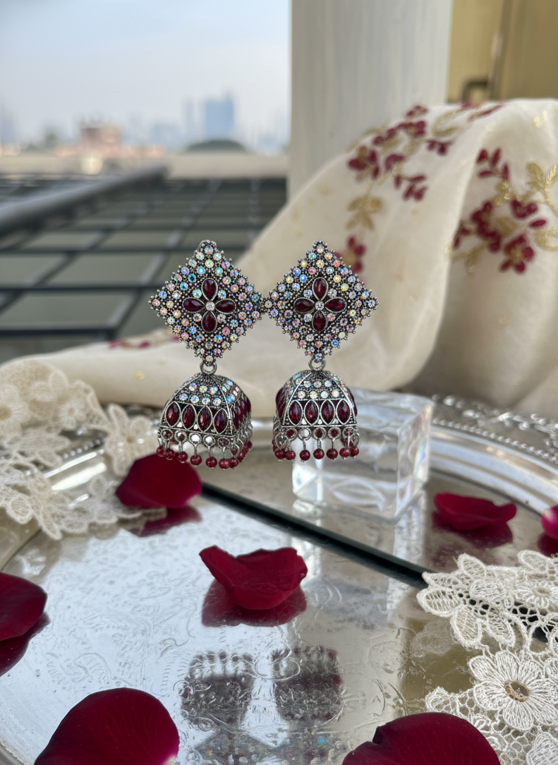Sindoori Red Stone Antique Siliver Jhumka Earrings