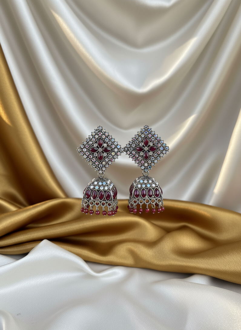 Sindoori Red Stone Antique Siliver Jhumka Earrings
