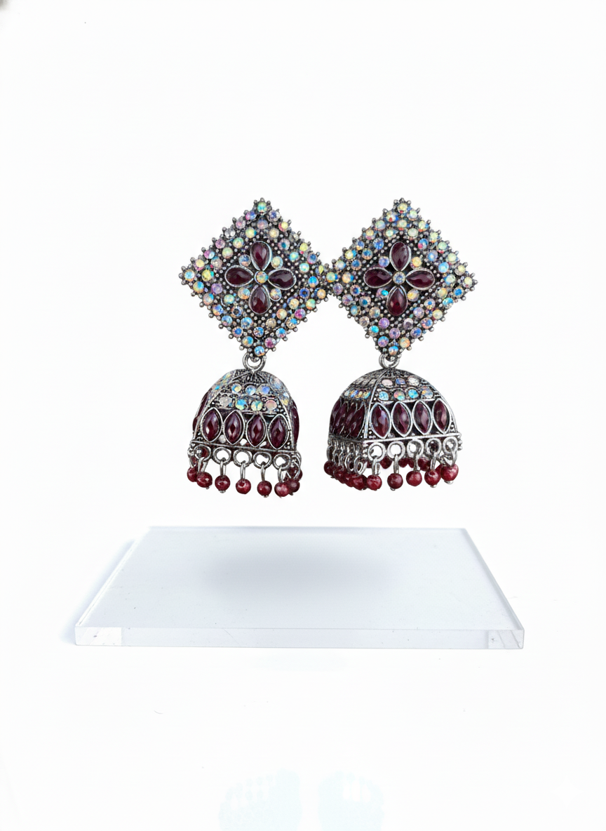 Sindoori Red Stone Antique Siliver Jhumka Earrings