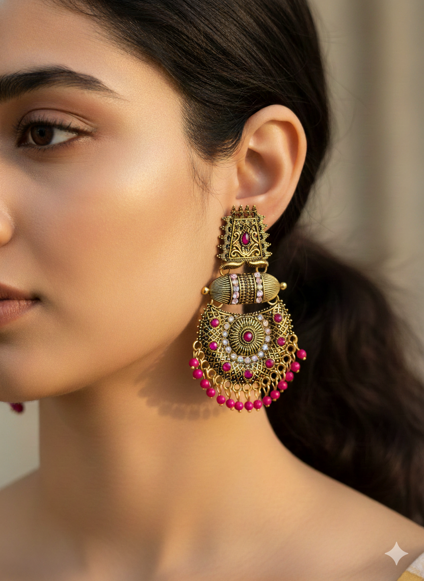 Rajwada Pink Antique Chandbali Earrings
