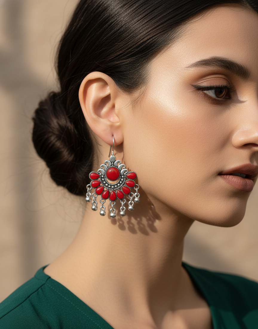 Close-up of a woman wearing a red and silver earring with a blurred background