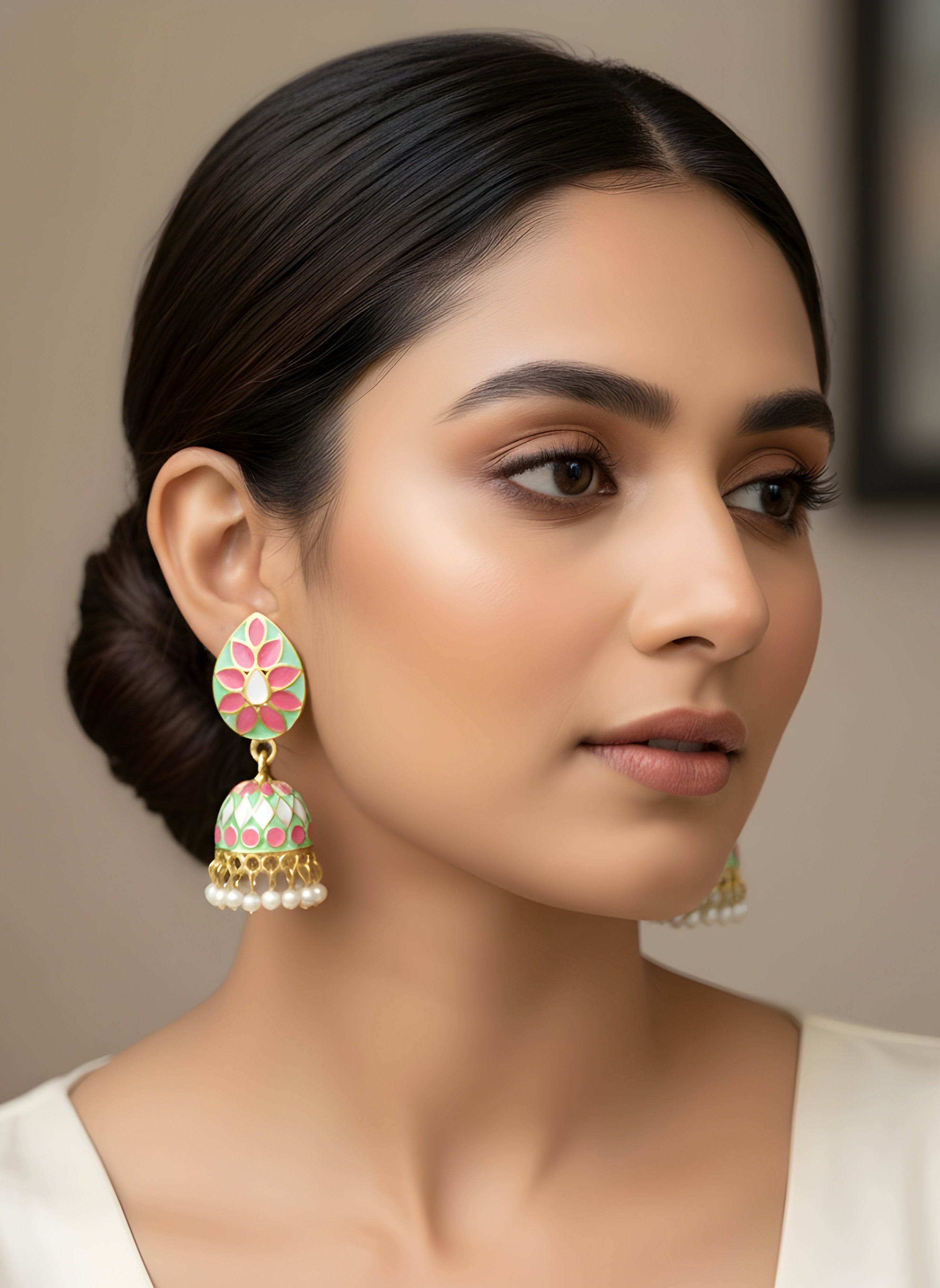 Neelara Enamel Pearl Jhumkha Earrings