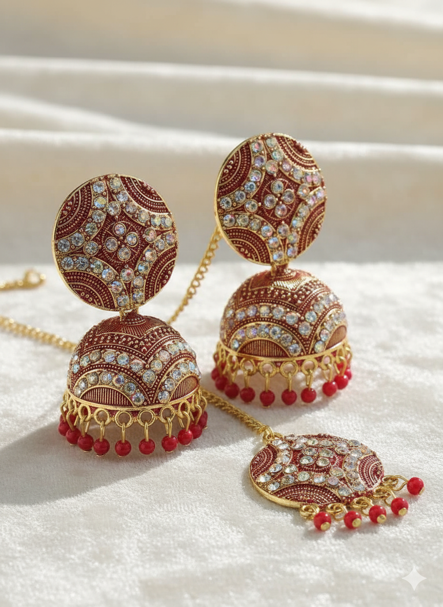 Antique Red Jhumkha Earrings With Mang Tikka