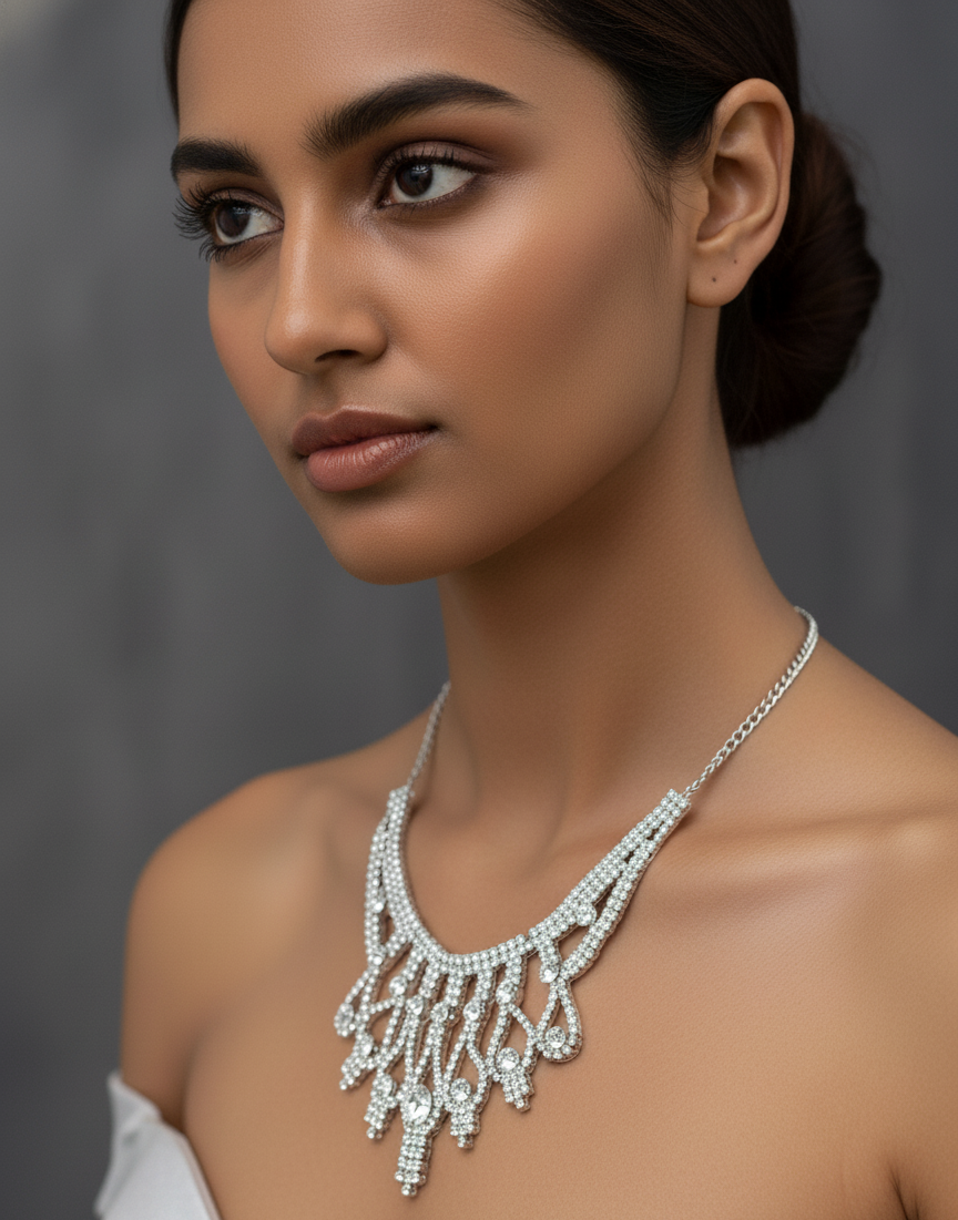 Woman wearing a sparkling necklace against a neutral background