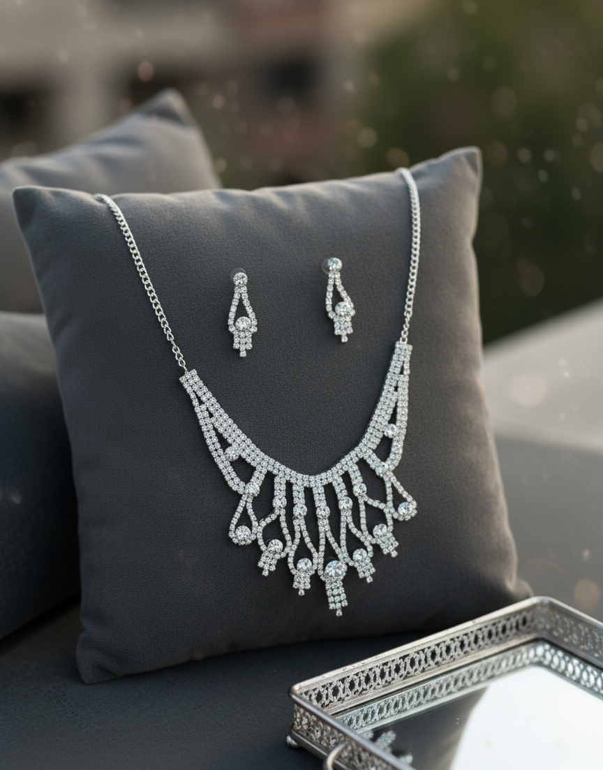 Silver necklace and earrings on a gray pillow with a blurred outdoor background