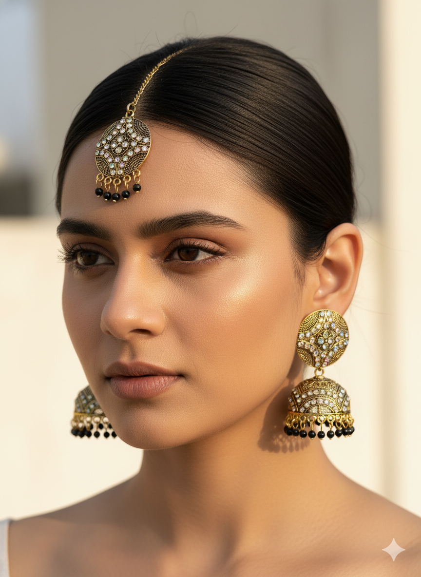 Antique Gold Jhumkha Earrings With Mang Tikka