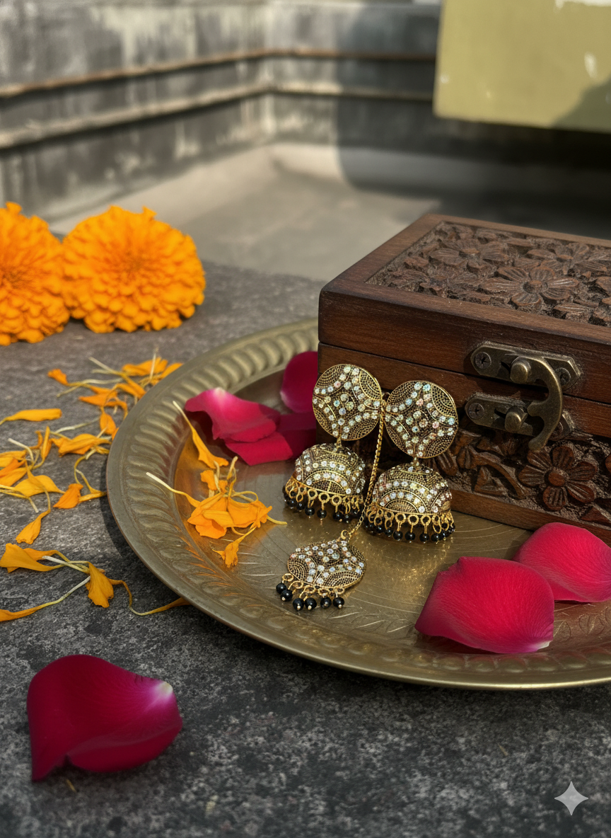Antique Gold Jhumkha Earrings With Mang Tikka