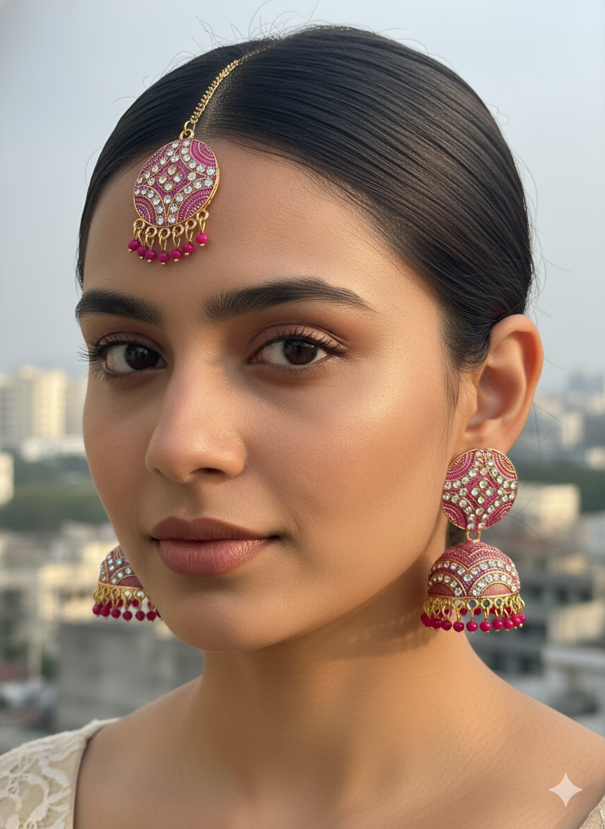 Antique Pink Jhumkha Earrings With Mang Tikka