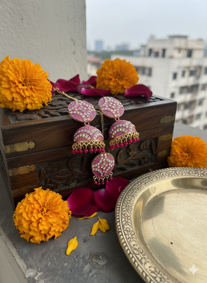 Antique Pink Jhumkha Earrings With Mang Tikka