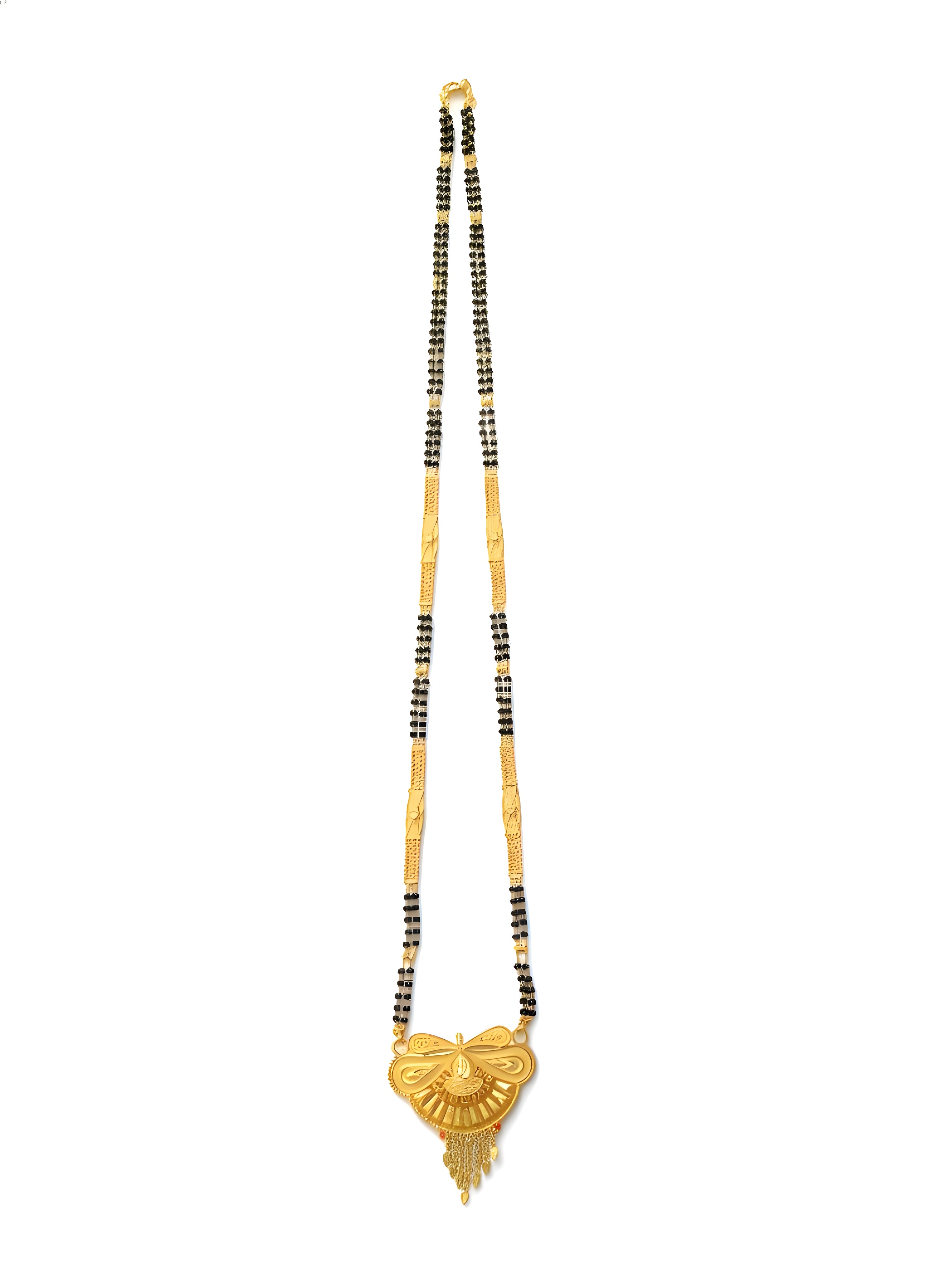 Necklace with yellow pendant and black beads on a white background