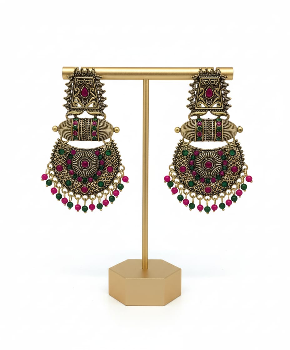Devika Red Green Antique Gold Chandbali Earrings